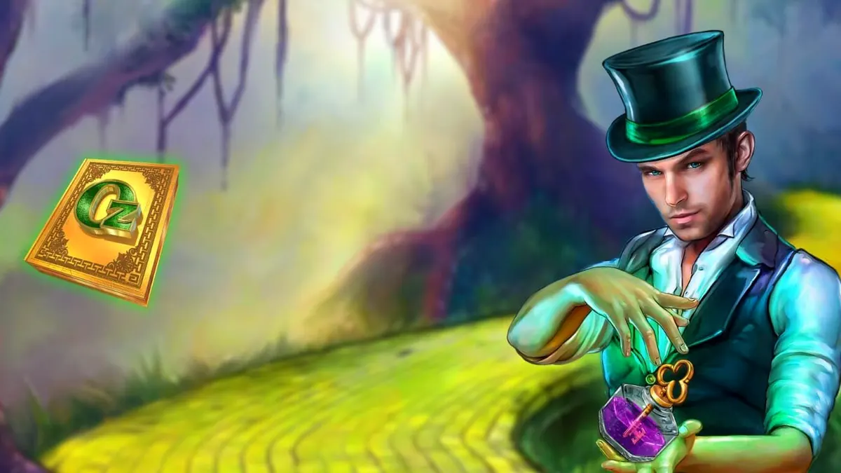 Interface mágica do slot Book of Oz Magic 5 Power Combo com elementos de fantasia