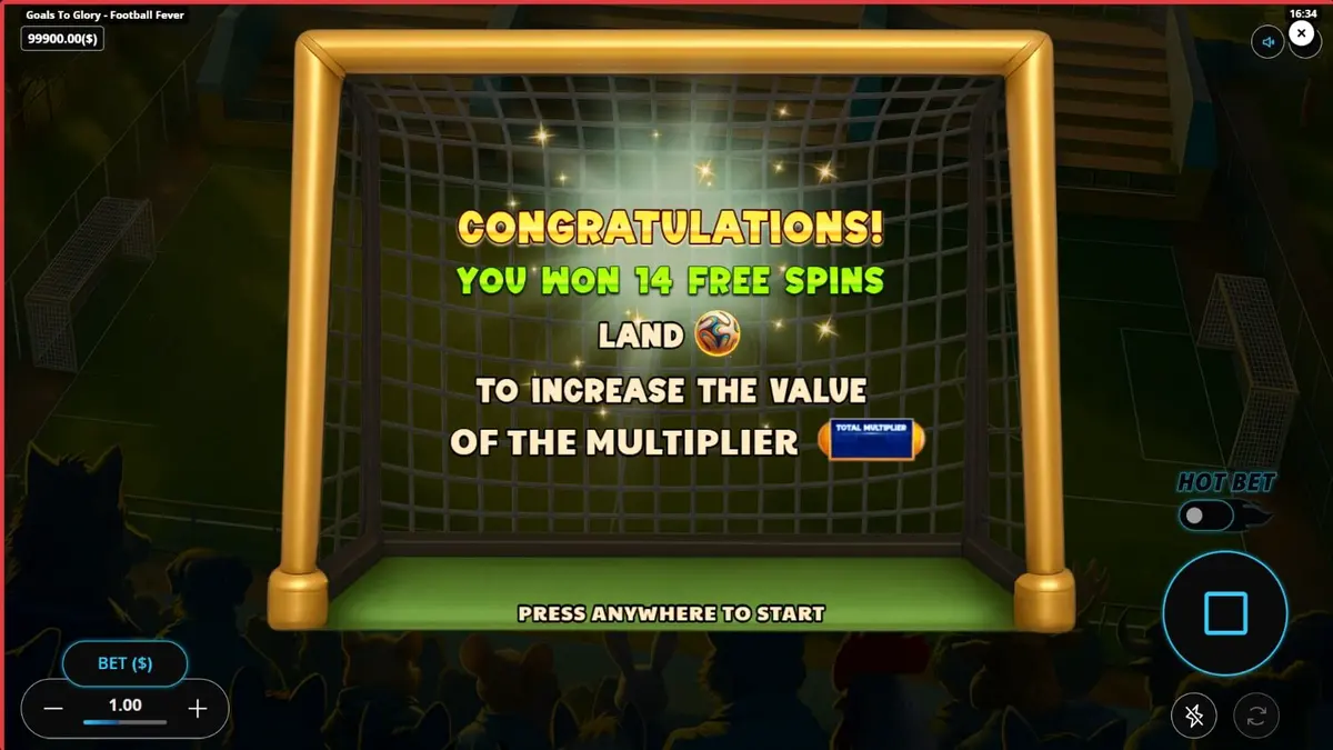 Interface colorida e animada do slot Goals to Glory Football Fever com personagens animais.