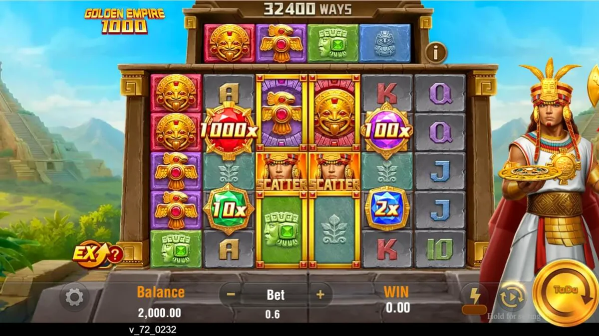 Cena de jogo do slot Golden Empire 1000 com ícones de máscaras de jade e templos