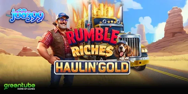 Caminhão carregando ouro em um cenário de estrada no slot Rumble Riches Haulin Gold